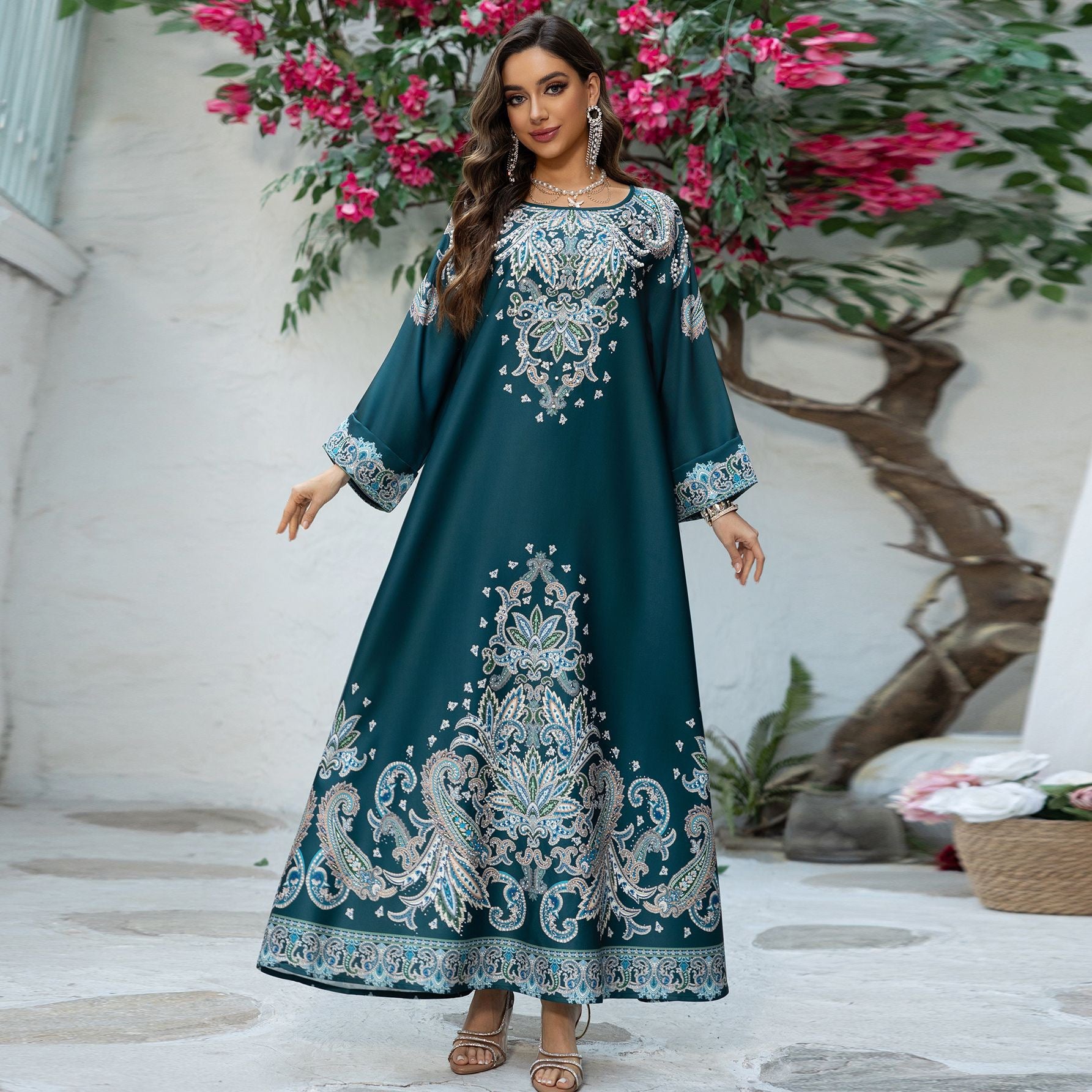 Majestic Paisley Print Abaya – Elegant Modest Dress for Eid & Ramadan (K9)