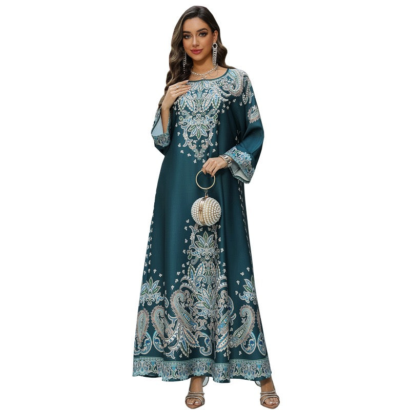 Majestic Paisley Print Abaya – Elegant Modest Dress for Eid & Ramadan (K9)