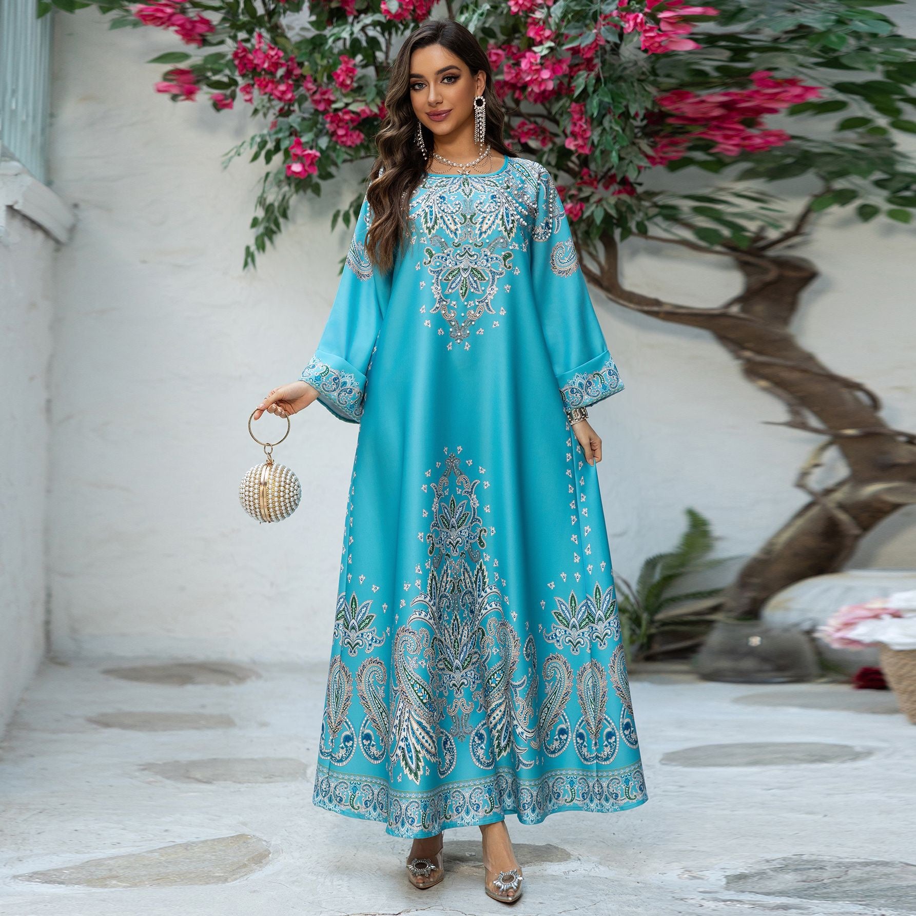 Majestic Paisley Print Abaya – Elegant Modest Dress for Eid & Ramadan (K9)