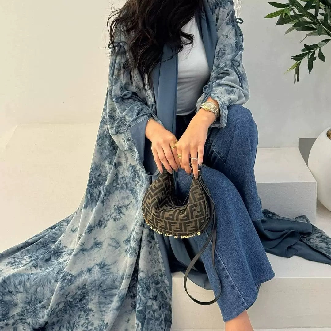 Toile Blossom Open Abaya Set — Matching Hijab Included | Botanical Print | Ribbon Tie Sleeves