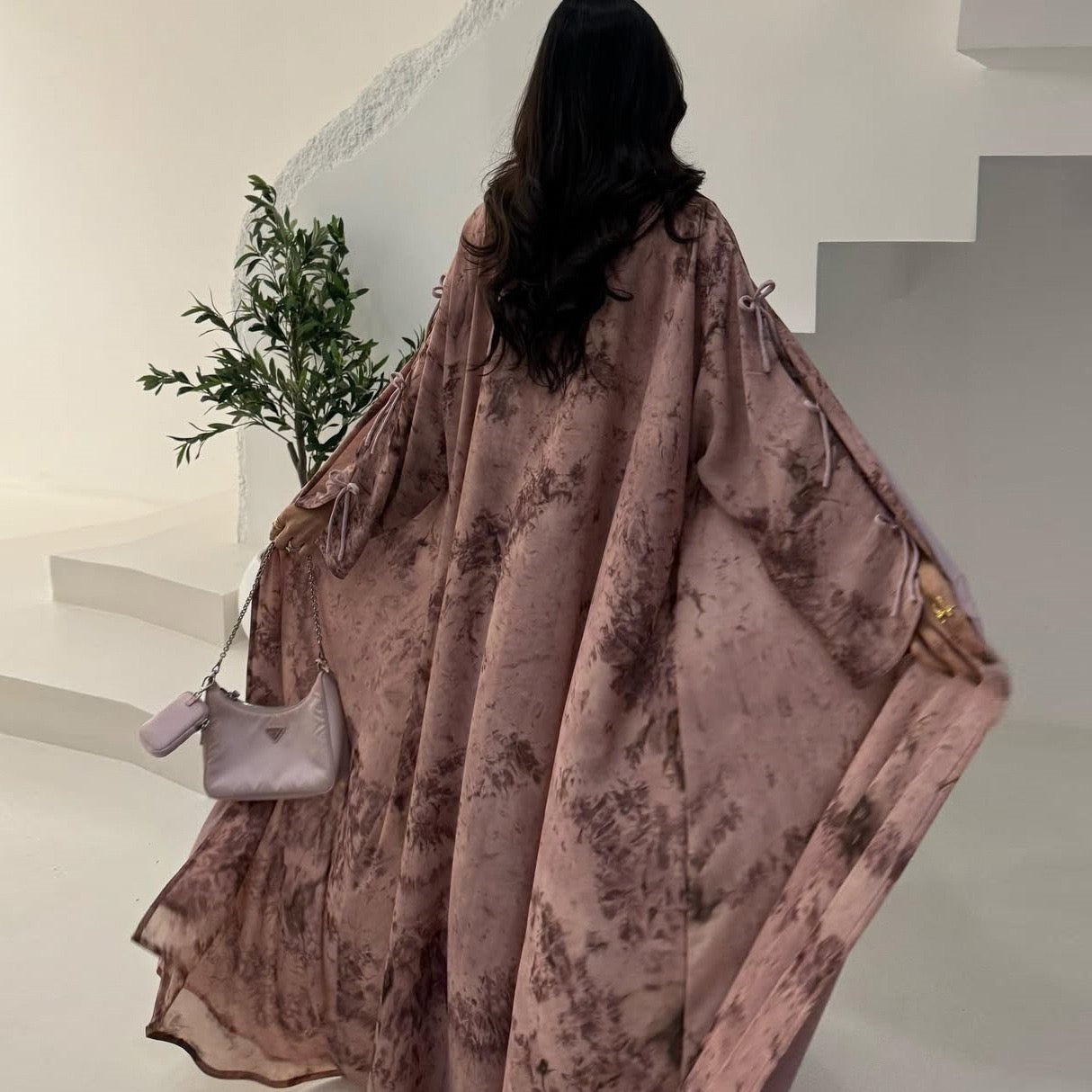 Toile Blossom Open Abaya Set — Matching Hijab Included | Botanical Print | Ribbon Tie Sleeves