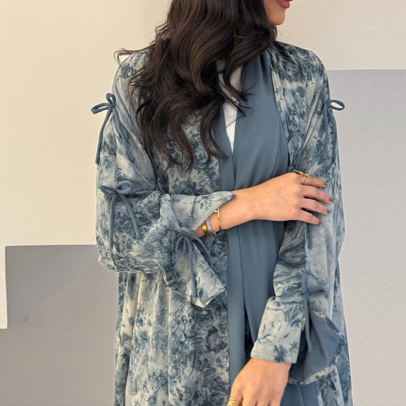 Toile Blossom Open Abaya Set — Matching Hijab Included | Botanical Print | Ribbon Tie Sleeves
