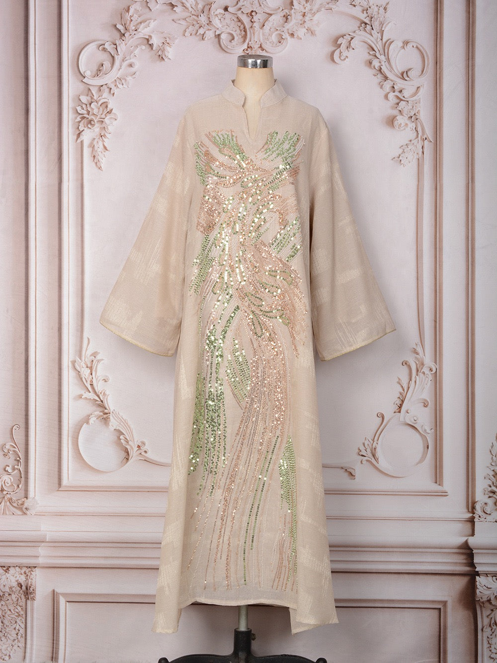Plume Sequin Abaya | Beaded V-Neck