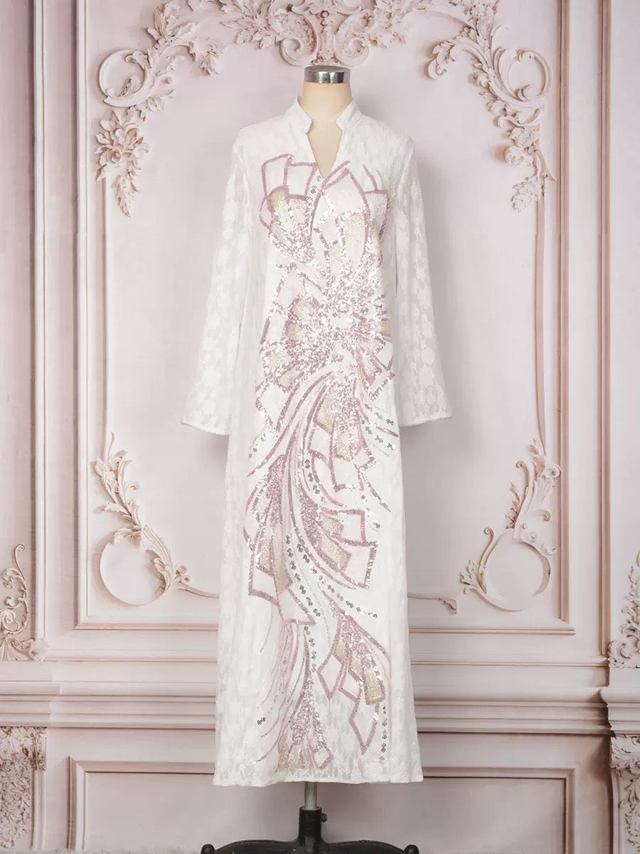 Plume Sequin Abaya | Beaded V-Neck