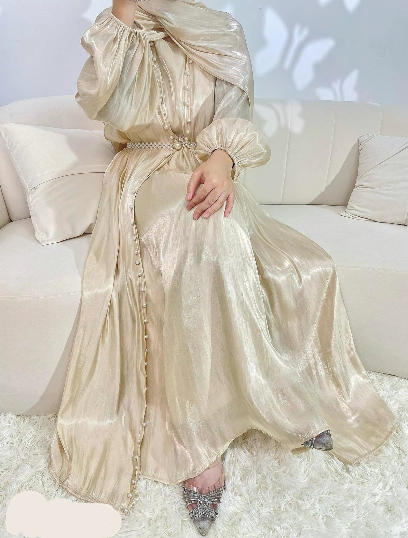 Elegant Lantern Sleeve 5-Piece Abaya for Muslim Women | Beaded Evening Elegant Lantern Sleeve 5-Piece Abaya for Muslim Women | Beaded Evening