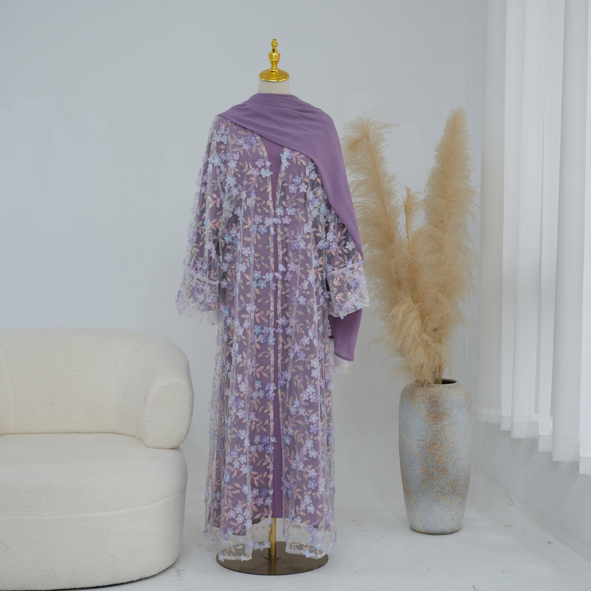 Rosalind Floral Lace Abaya Set | 3-Piece