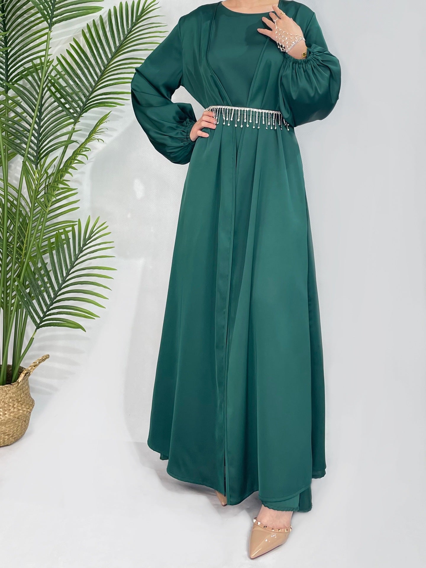 ABY100  Crystal-studded belt satin abaya 3-piece set