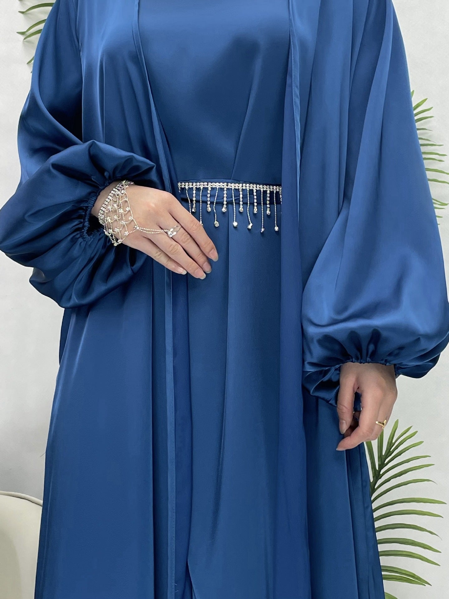 ABY100  Crystal-studded belt satin abaya 3-piece set