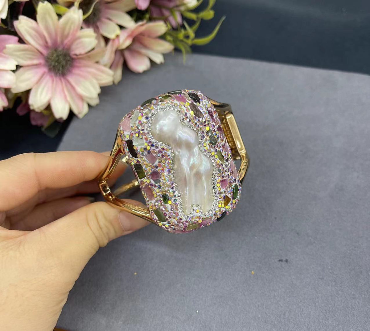 Baroque pearl necklace, bangle, earrings and ring