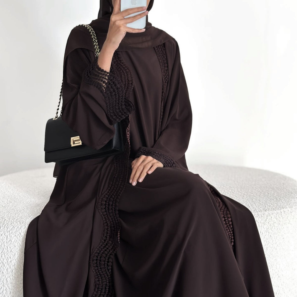 Noura wave lace open abaya set in Espresso