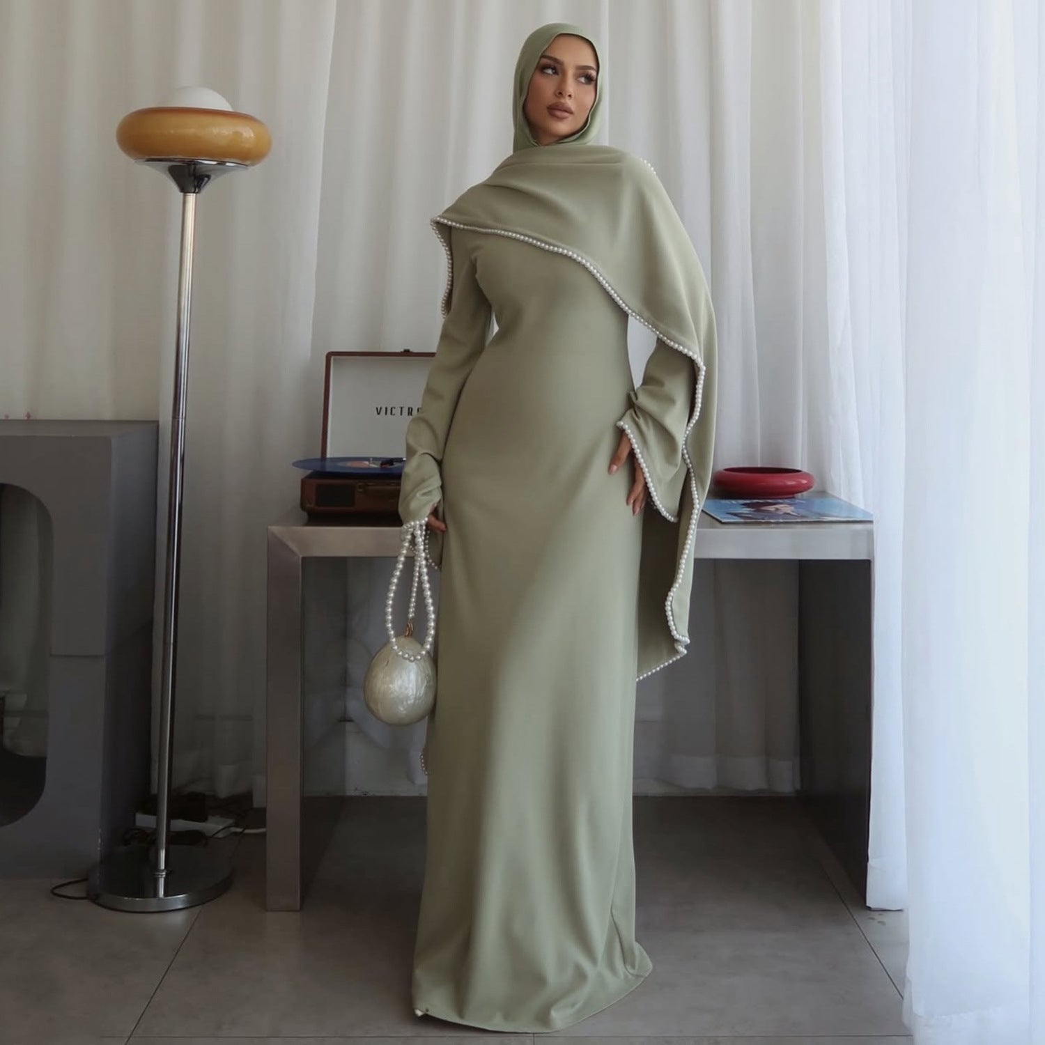 Pearl Trim Cape Abaya-Eid & Ramadan Modest Long Dress (LX089)