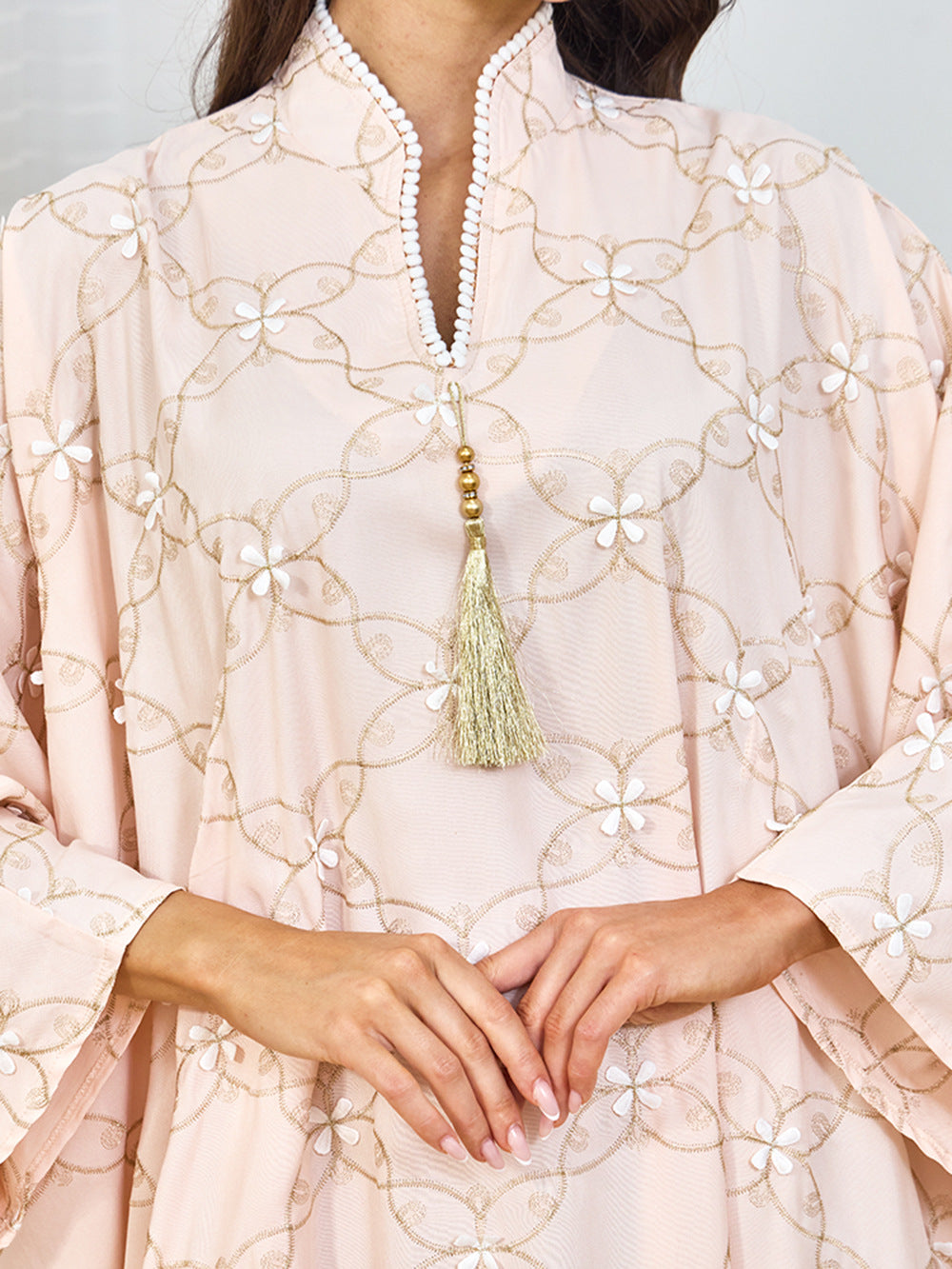 Noor Bloom Embroidered Kaftan — Butterfly Sleeve | All-Over Floral Embroidery | Gold Tassel