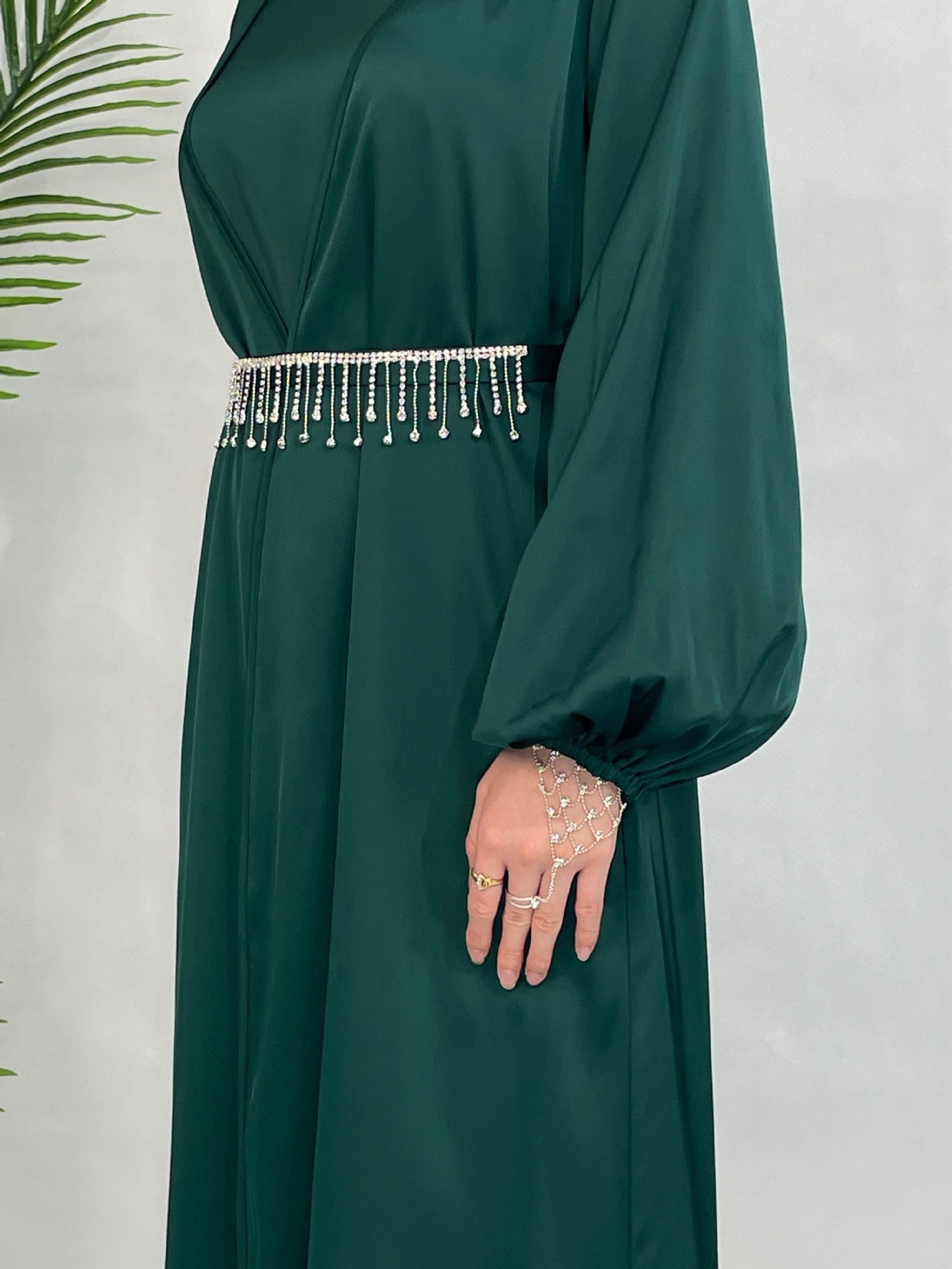 ABY100  Crystal-studded belt satin abaya 3-piece set