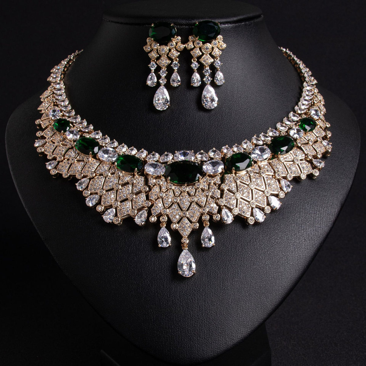 Amira bridal necklace and earrings set, gold with emerald-green stones