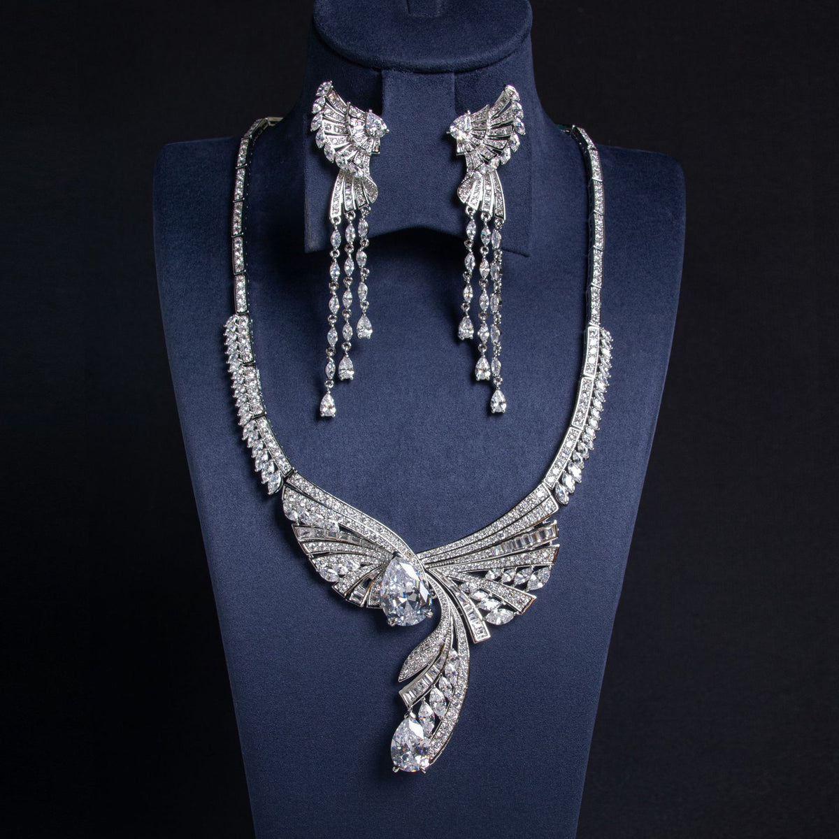 Rania wing tassel bridal set, silver with clear stones