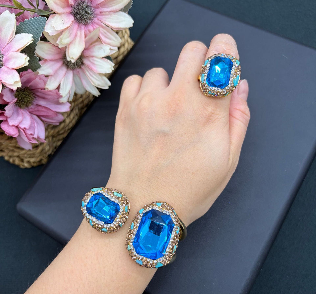 Crystal cuff bangle and ring set