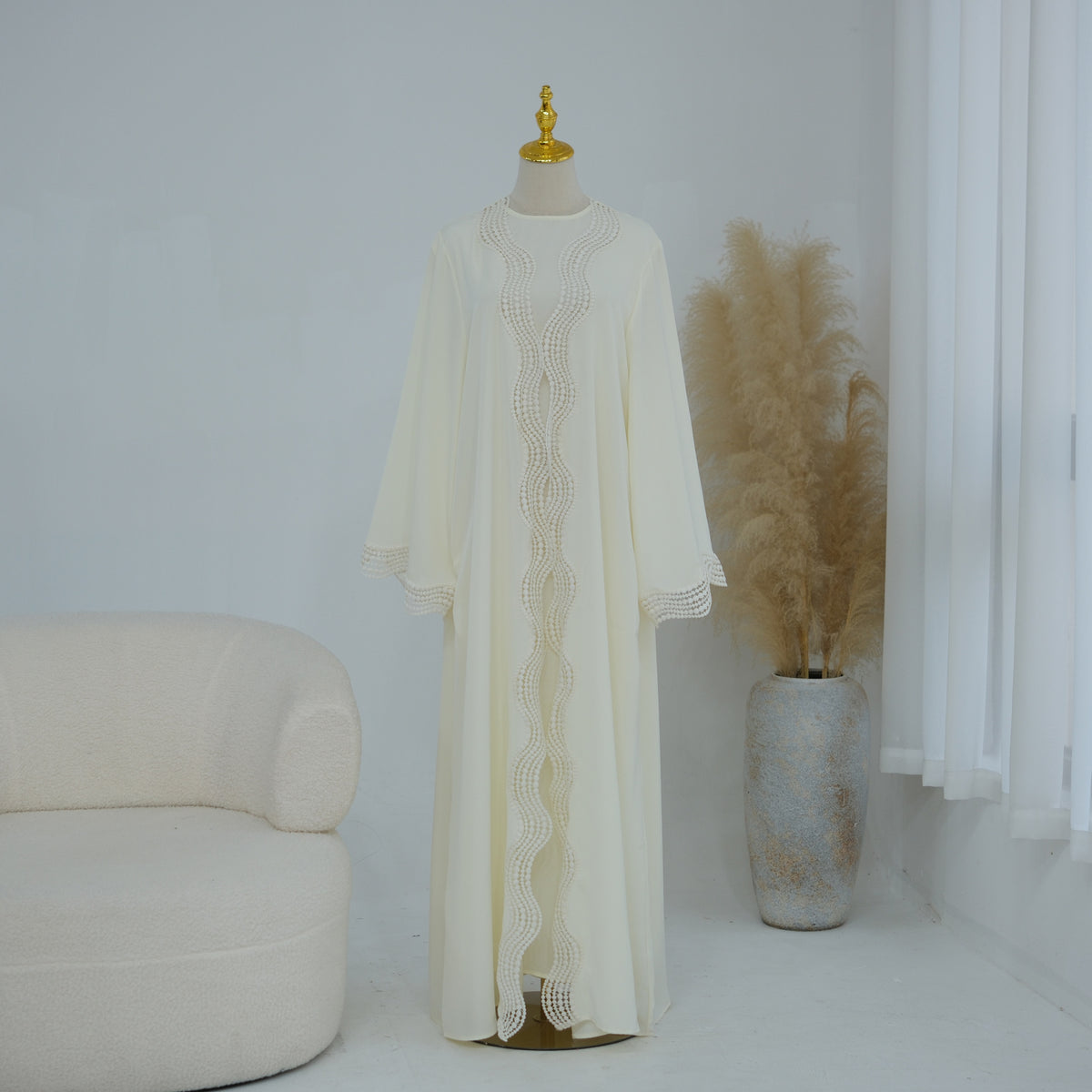 Noura wave lace open abaya set in Ivory