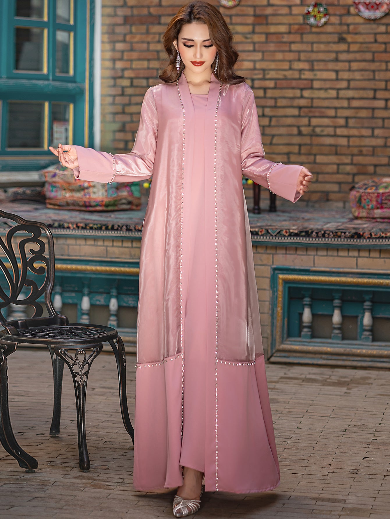 Layali Pearl Satin Abaya Set – Eid & Ramadan Modest Long Dress (LXG8)