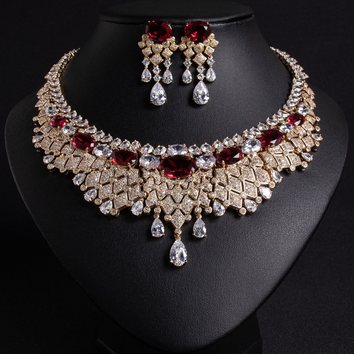 Amira bridal necklace and earrings set, gold with ruby-red stones