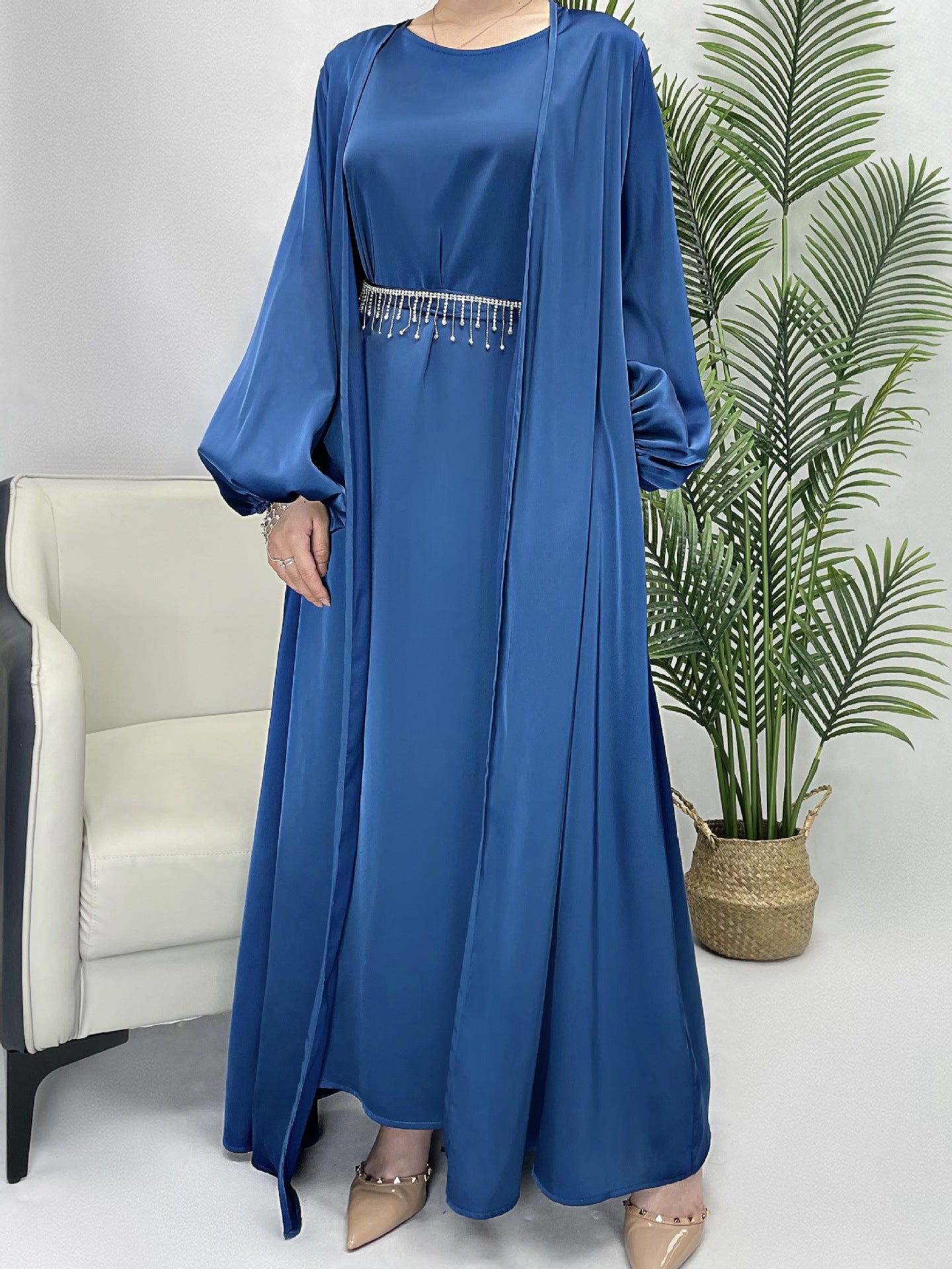 ABY100  Crystal-studded belt satin abaya 3-piece set