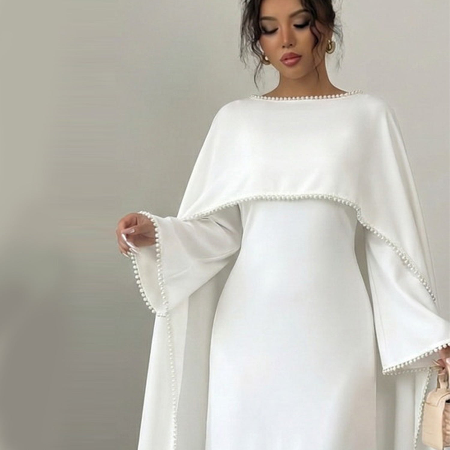 Pearl Trim Cape Abaya-Eid & Ramadan Modest Long Dress (LX089)