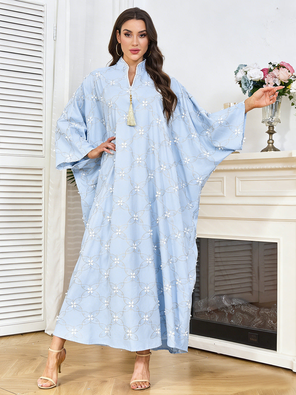 Noor Bloom Embroidered Kaftan — Butterfly Sleeve | All-Over Floral Embroidery | Gold Tassel
