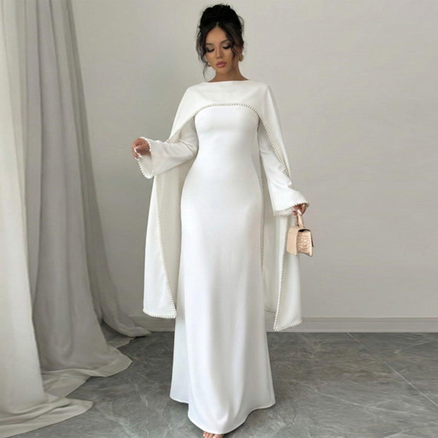 Pearl Trim Cape Abaya-Eid & Ramadan Modest Long Dress (LX089)