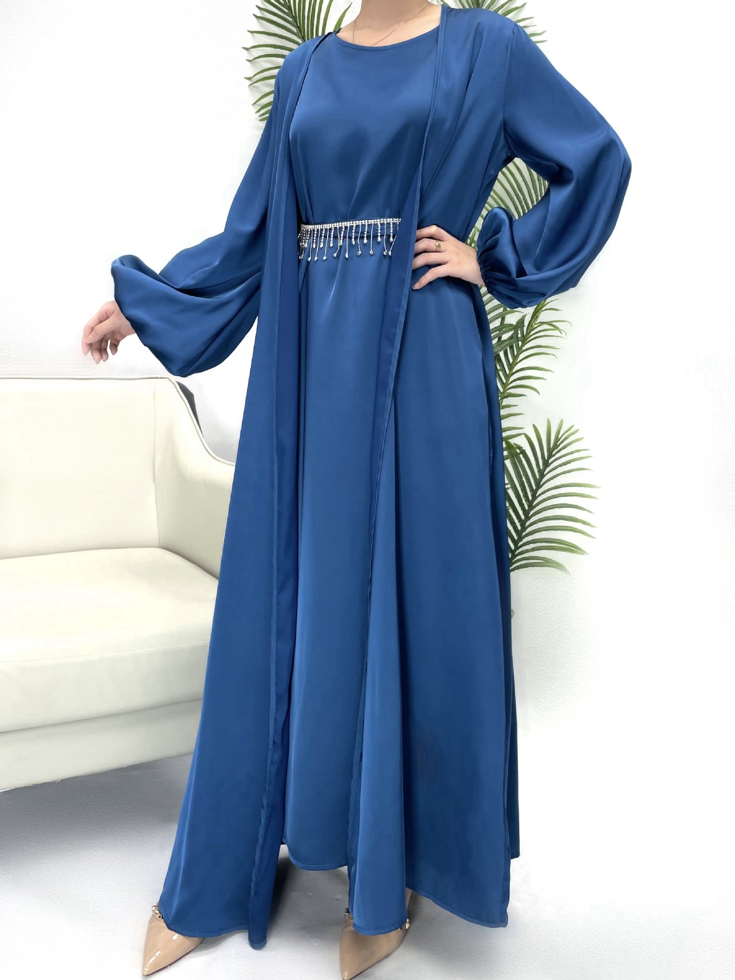 ABY100  Crystal-studded belt satin abaya 3-piece set