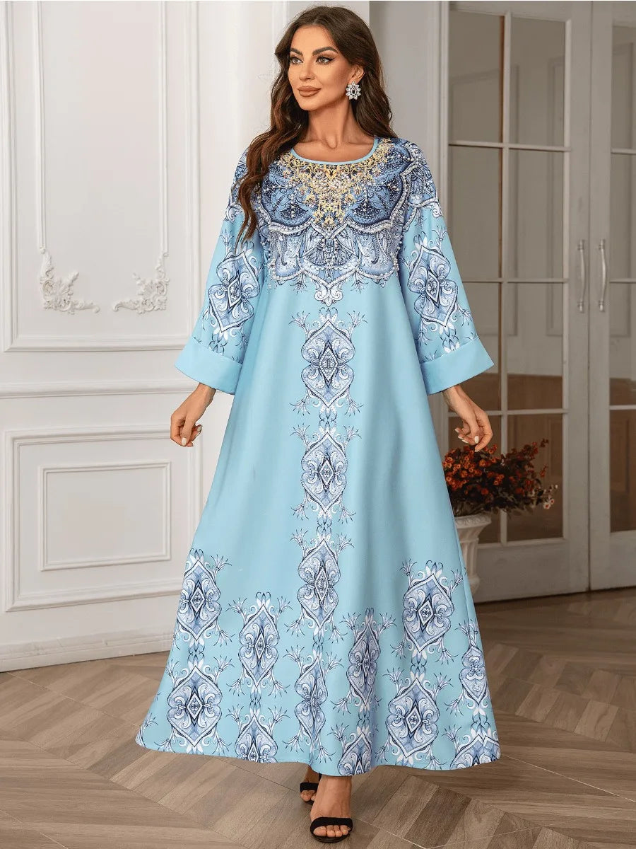 ABY028  Premium Pearl-Embellished Kaftan/ light blue