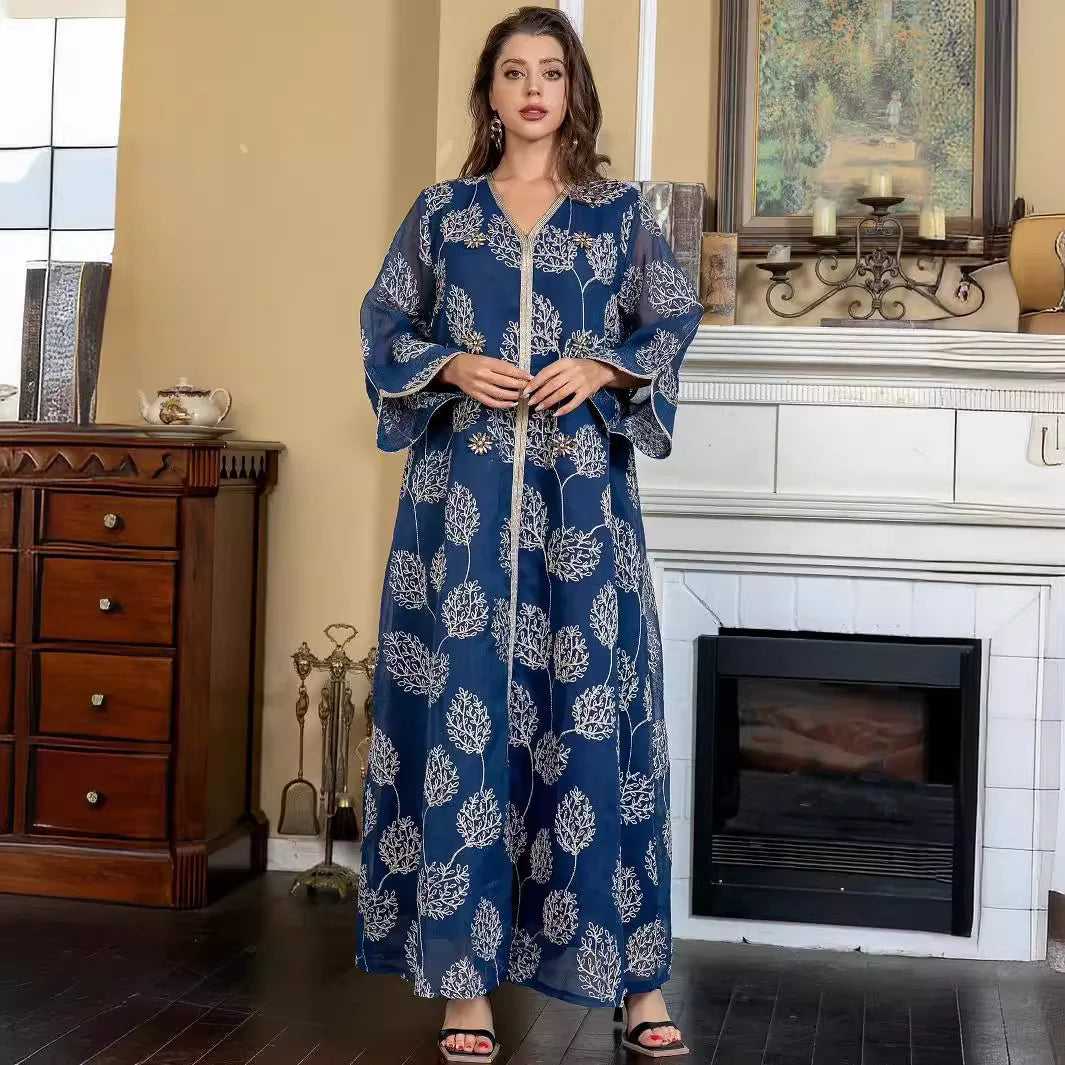 LX02 Navy Blue Floral Embroidered Kaftan/Eid abaya/ramadan abaya