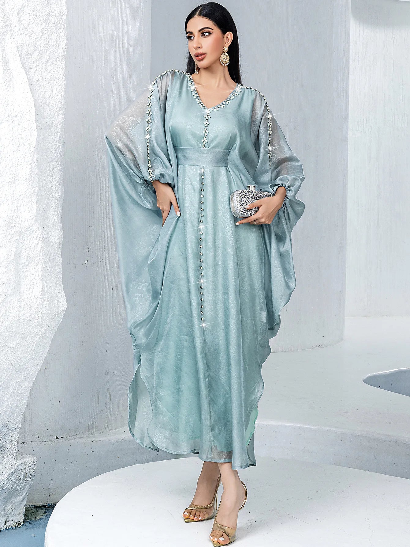 Nourya Seafoam Pearl Kaftan Abaya– Eid & Ramadan Modest Long Dress (LXN8)