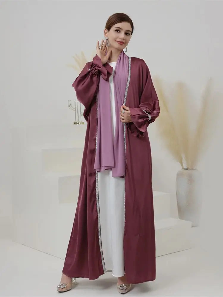 ABY022 Majestic Satin Abaya Set with Radiant Diamond Trim - 3 Piece Elegance