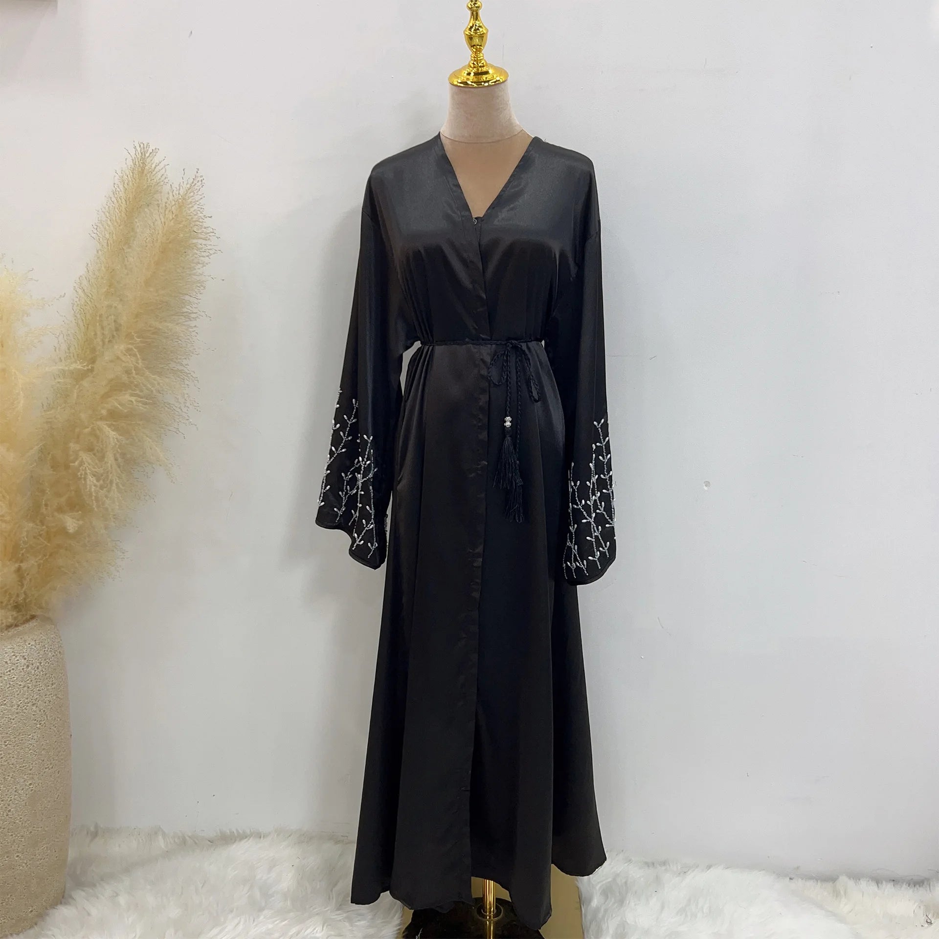 ABY15 Silver Grace Embroidered Satin Abaya