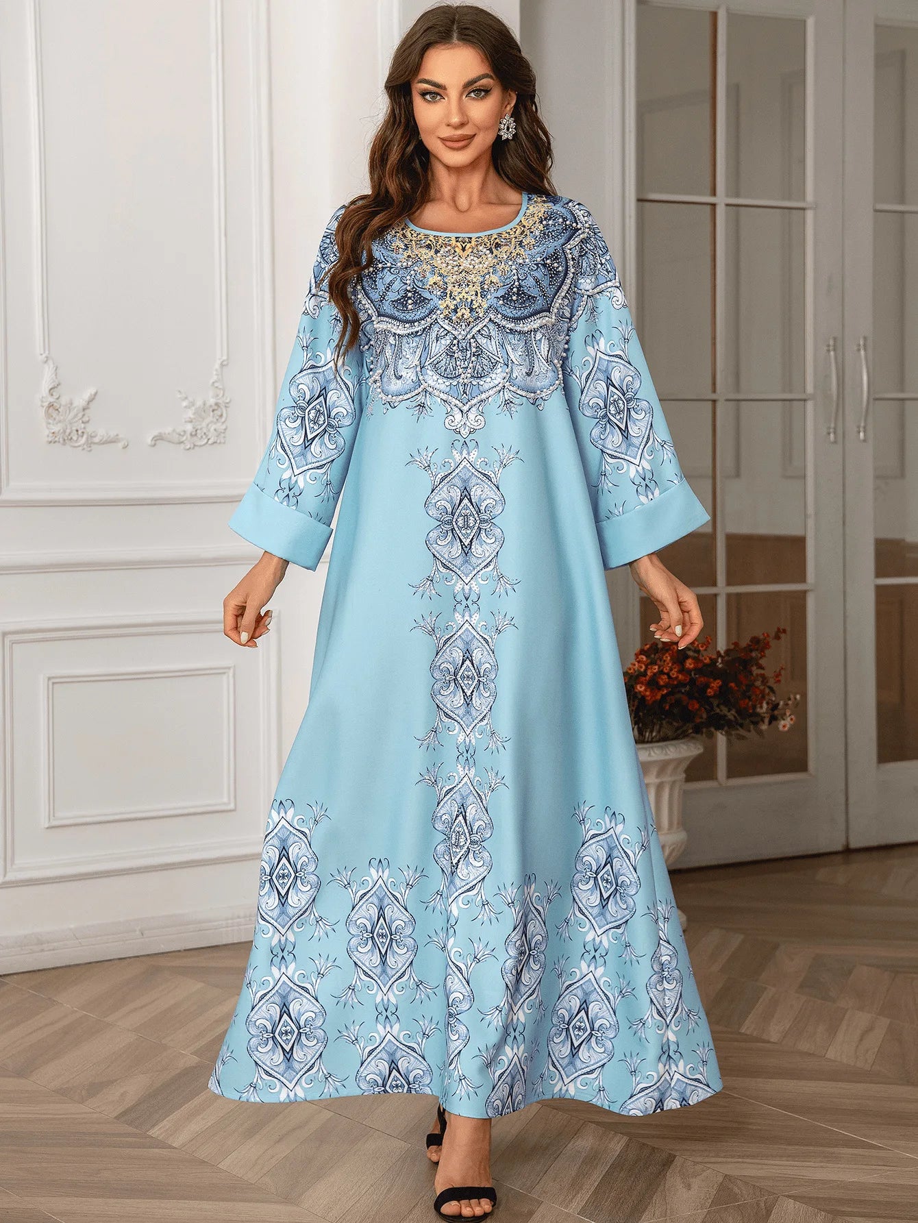 ABY028  Premium Pearl-Embellished Kaftan/ light blue