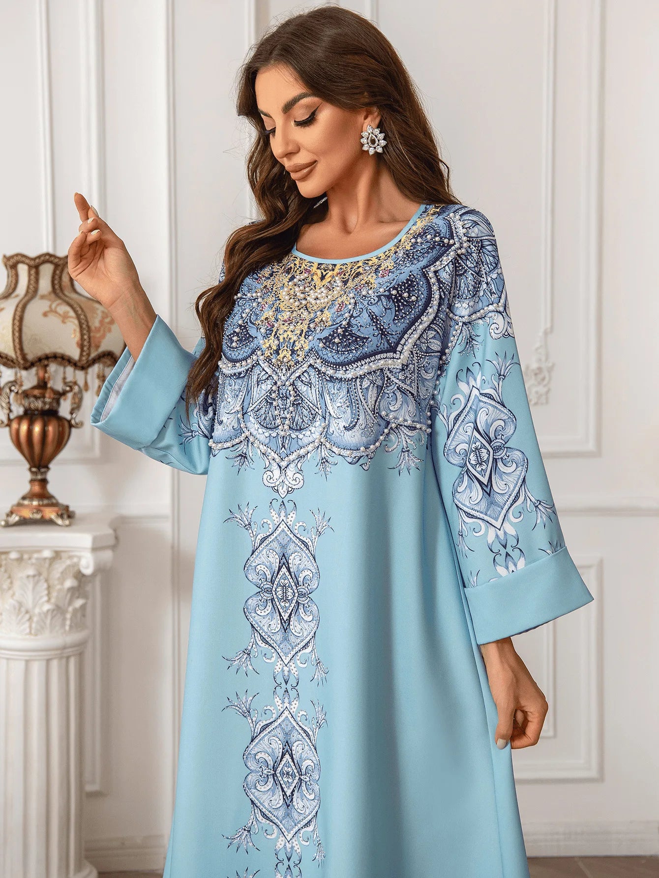 ABY028  Premium Pearl-Embellished Kaftan/ light blue