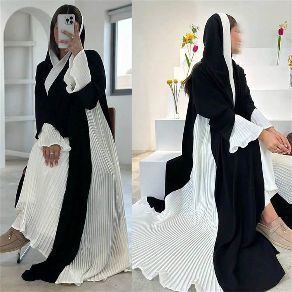 ABY038 Black and White Pleated Contrast Abaya with Hood