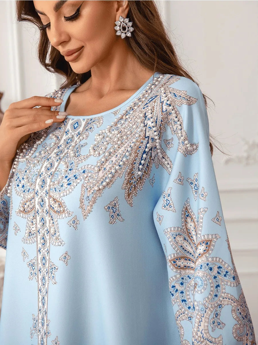 ABY027 Premium Pearl-Embellished Kaftan/light blue