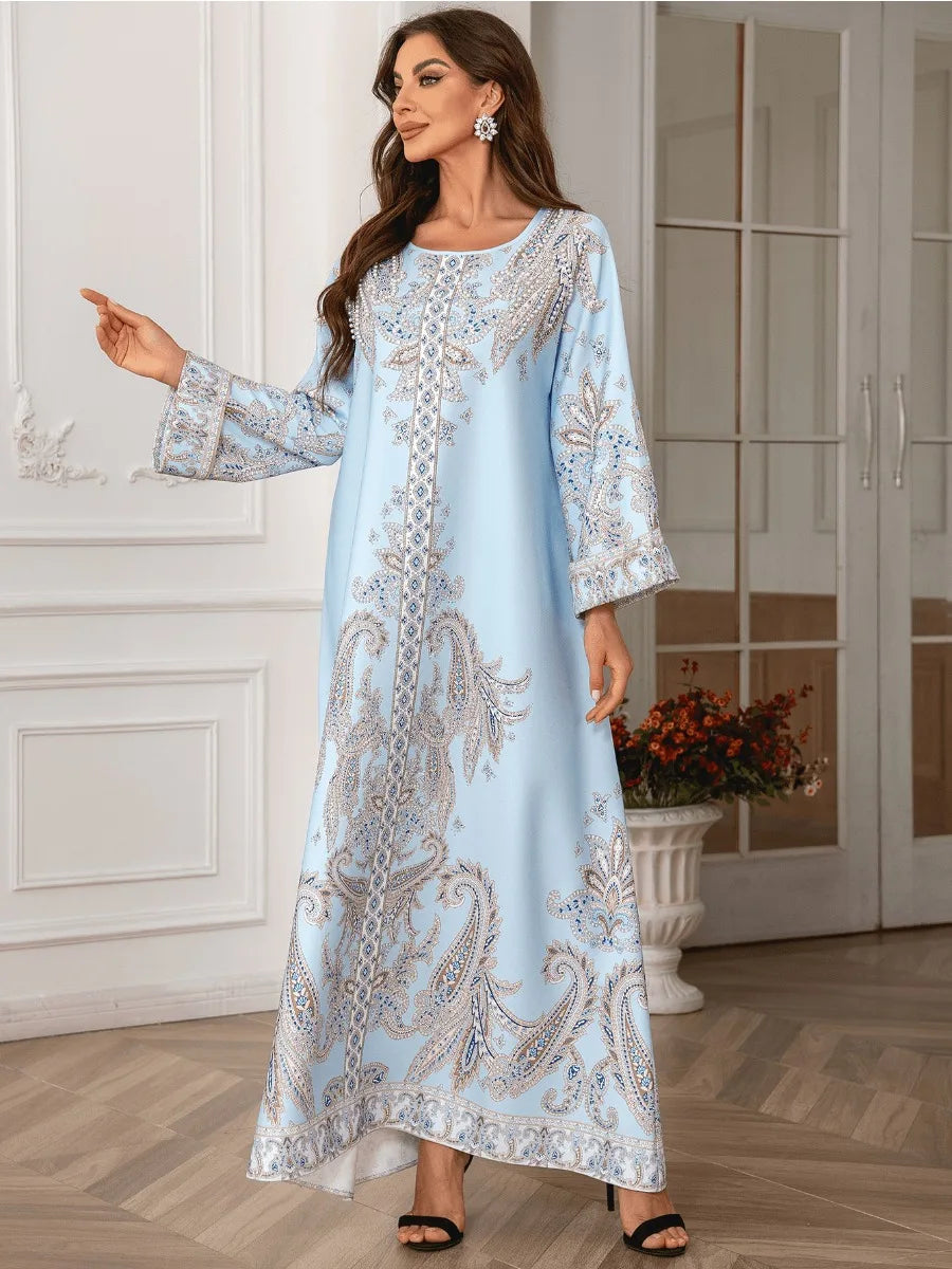 ABY027 Premium Pearl-Embellished Kaftan/light blue