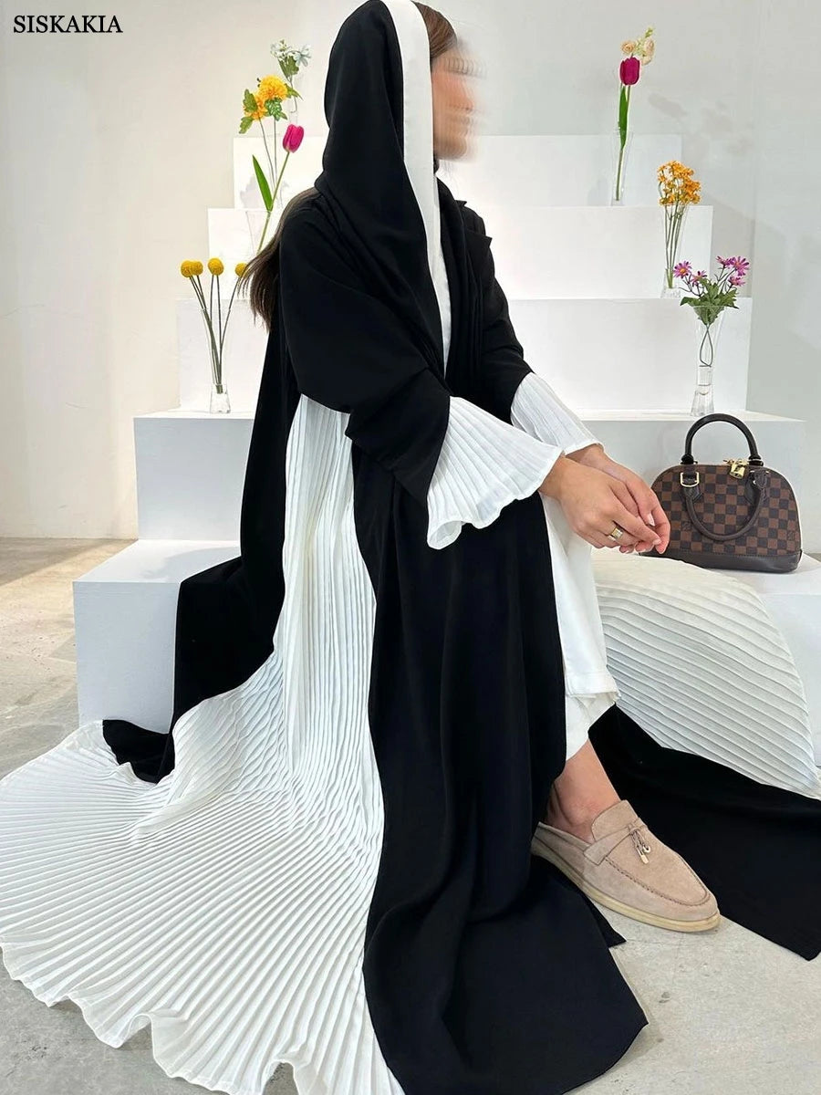 ABY038 Black and White Pleated Contrast Abaya with Hood