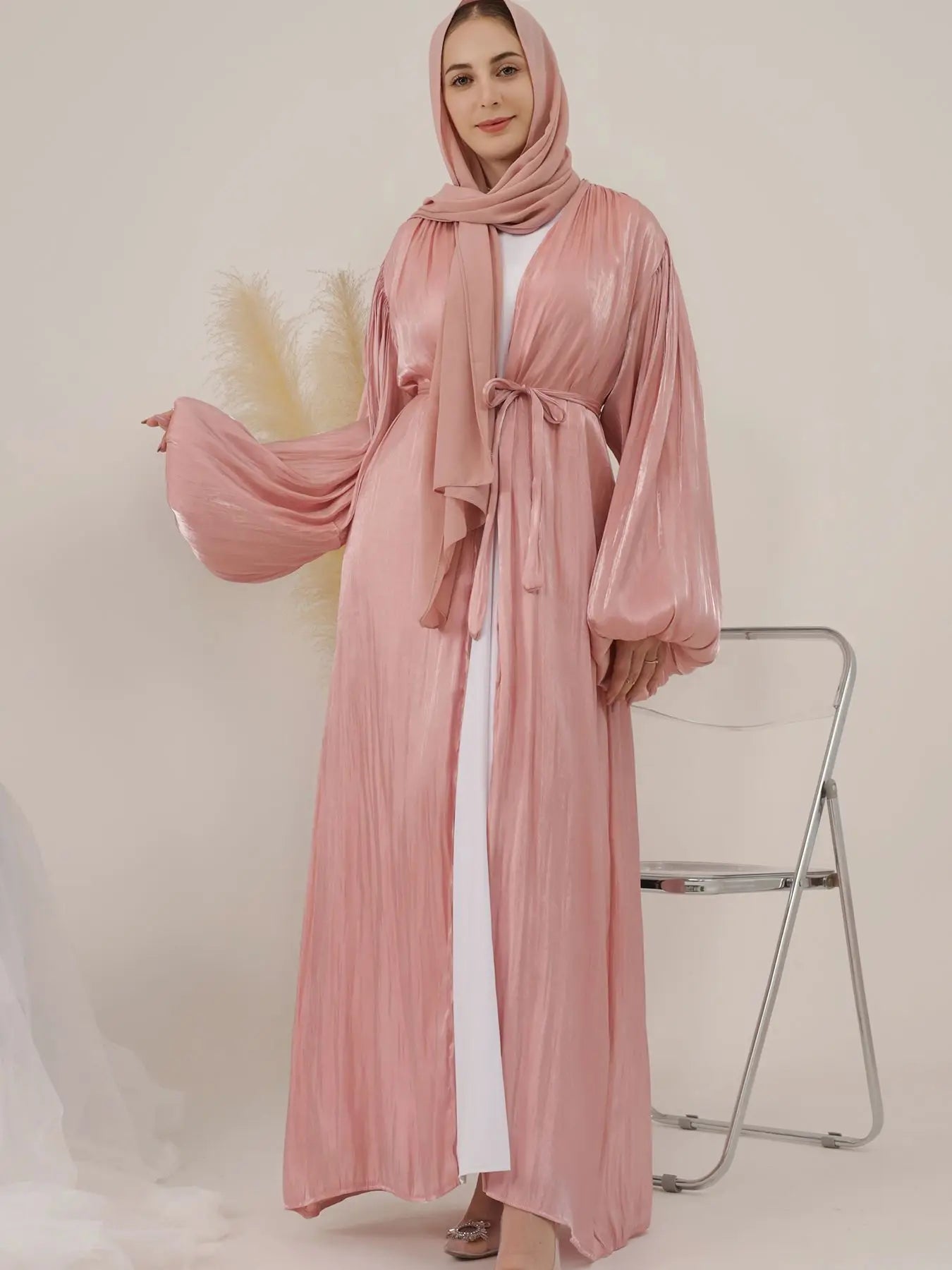 ABY021  Blush Satin Open Abaya