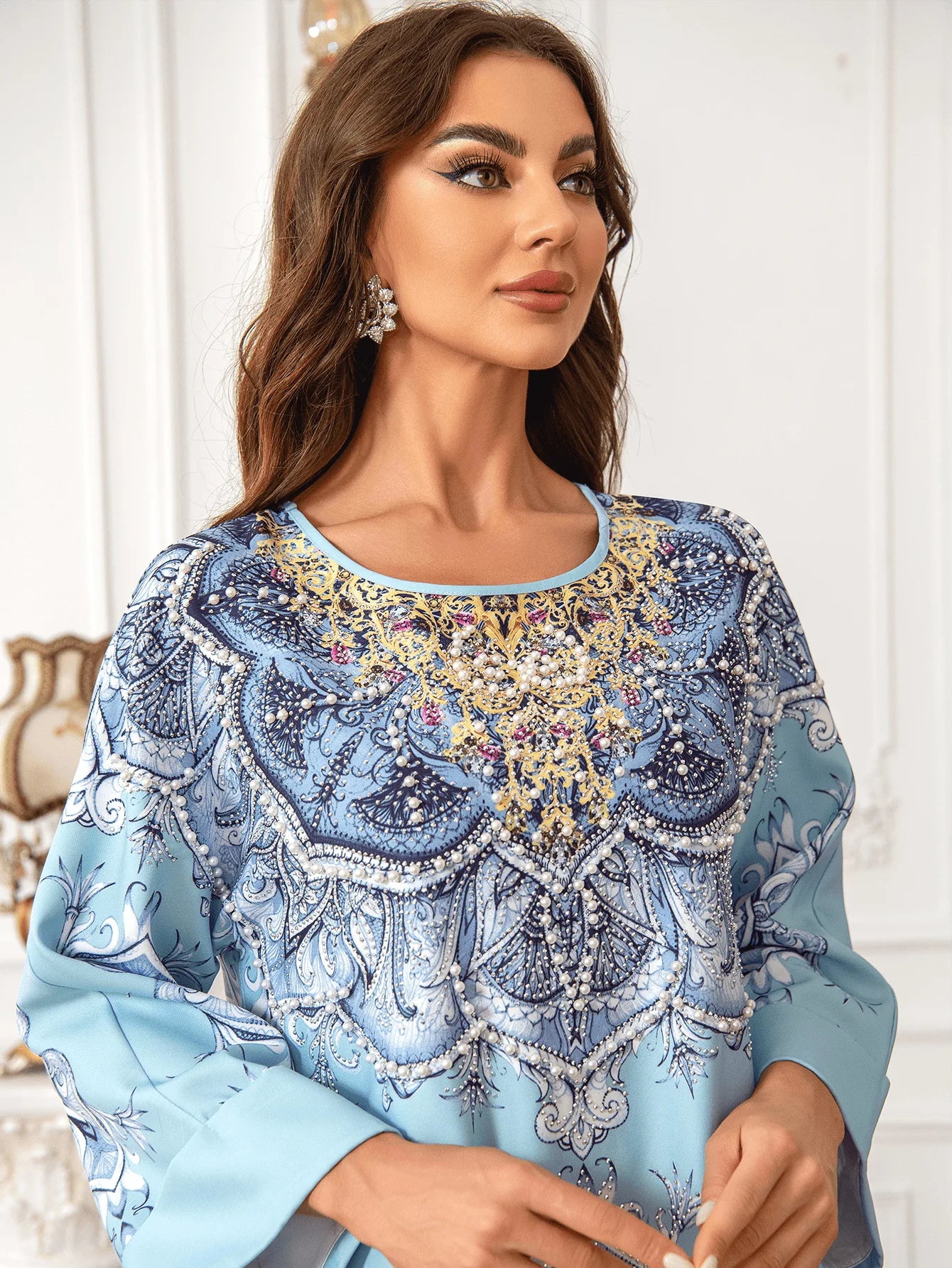 ABY028  Premium Pearl-Embellished Kaftan/ light blue