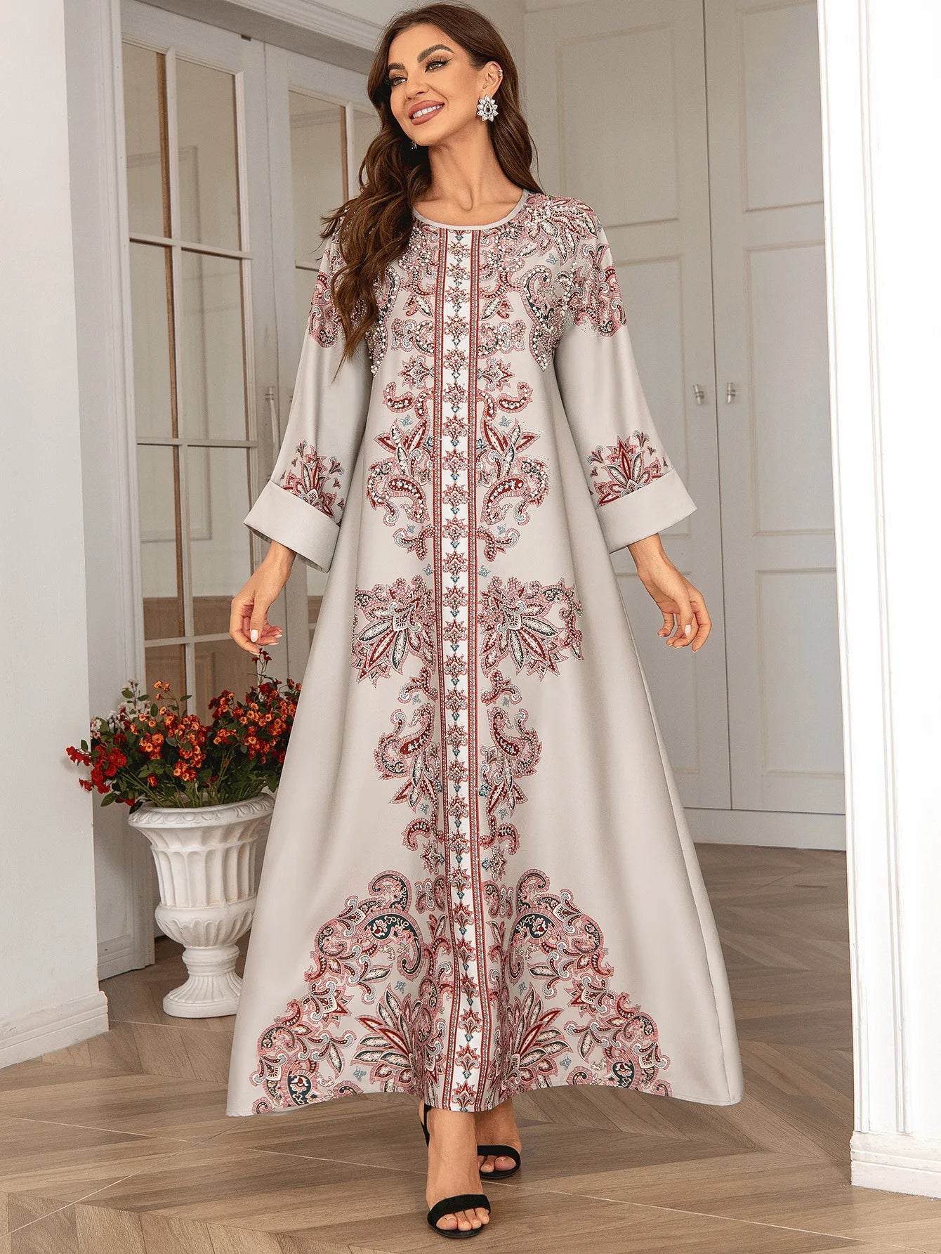 ABY034 Opulent Print Abaya with Pearl and Diamond Adornments