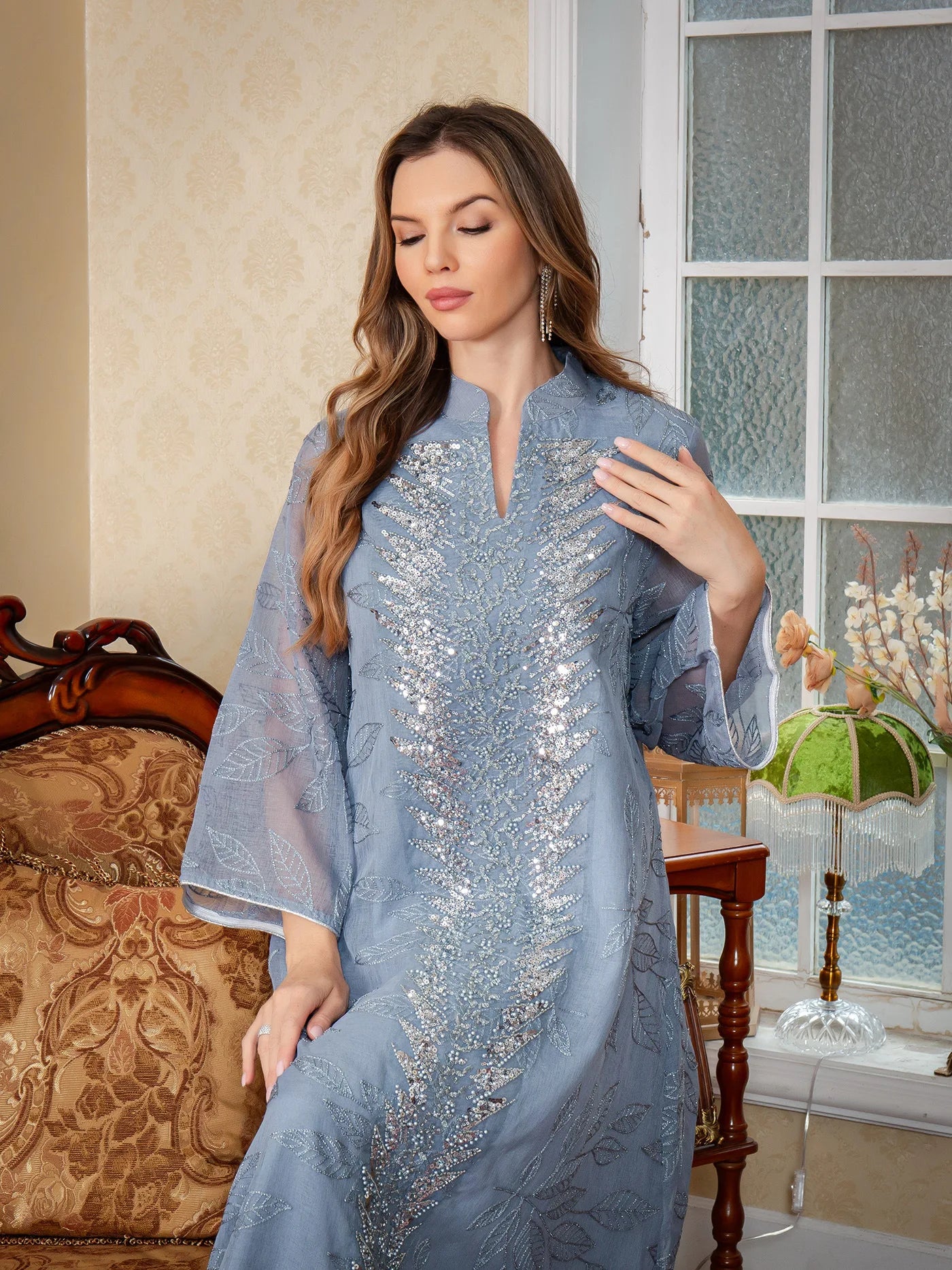 Sky Laurel Embroidered Abaya– Eid & Ramadan Modest Long Dress (LXS8)