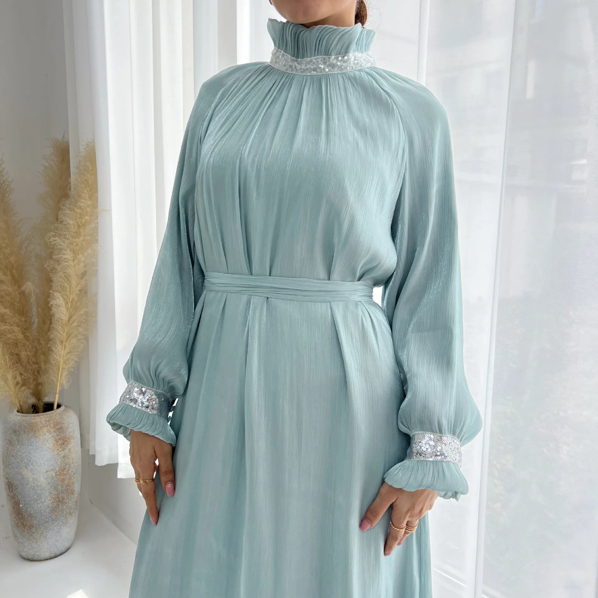 ABY039  Elegant Pleated Satin Abaya with Embellished Collar