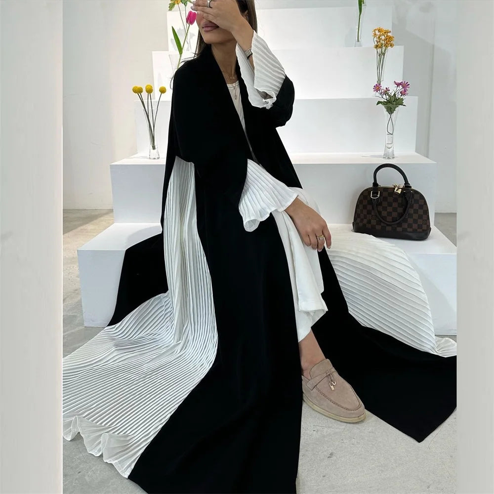 ABY038 Black and White Pleated Contrast Abaya with Hood