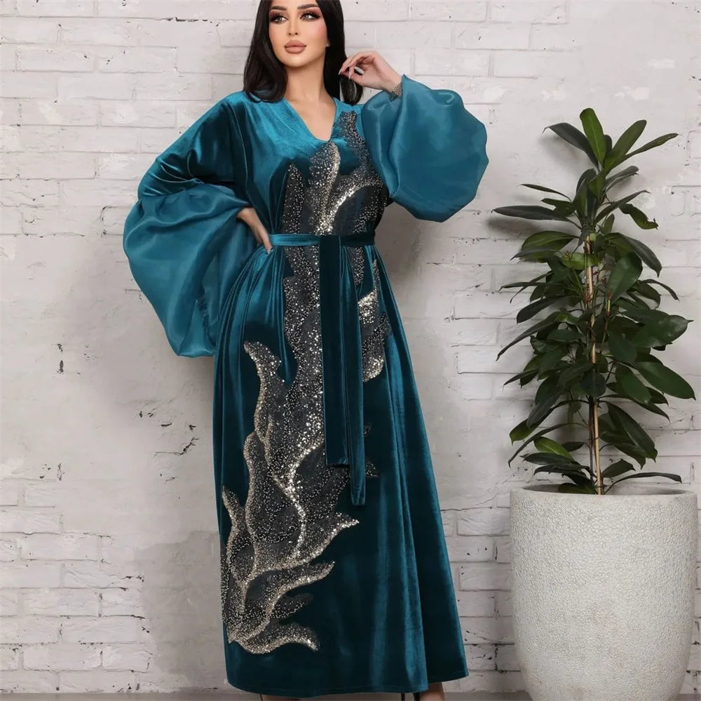 ABY11 Elegant Velvet Kaftan with Sequin Embellishments for Autumn/Winter