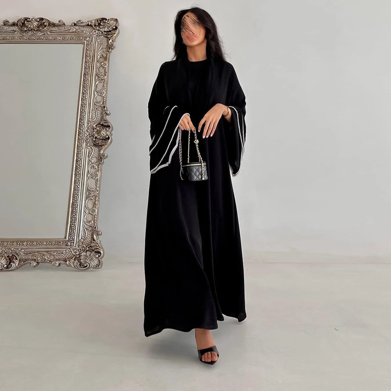 Velaya Abaya – Pearl-Trimmed Perfection in Black - Daily and Ramadan Modest Long Dress (D9)