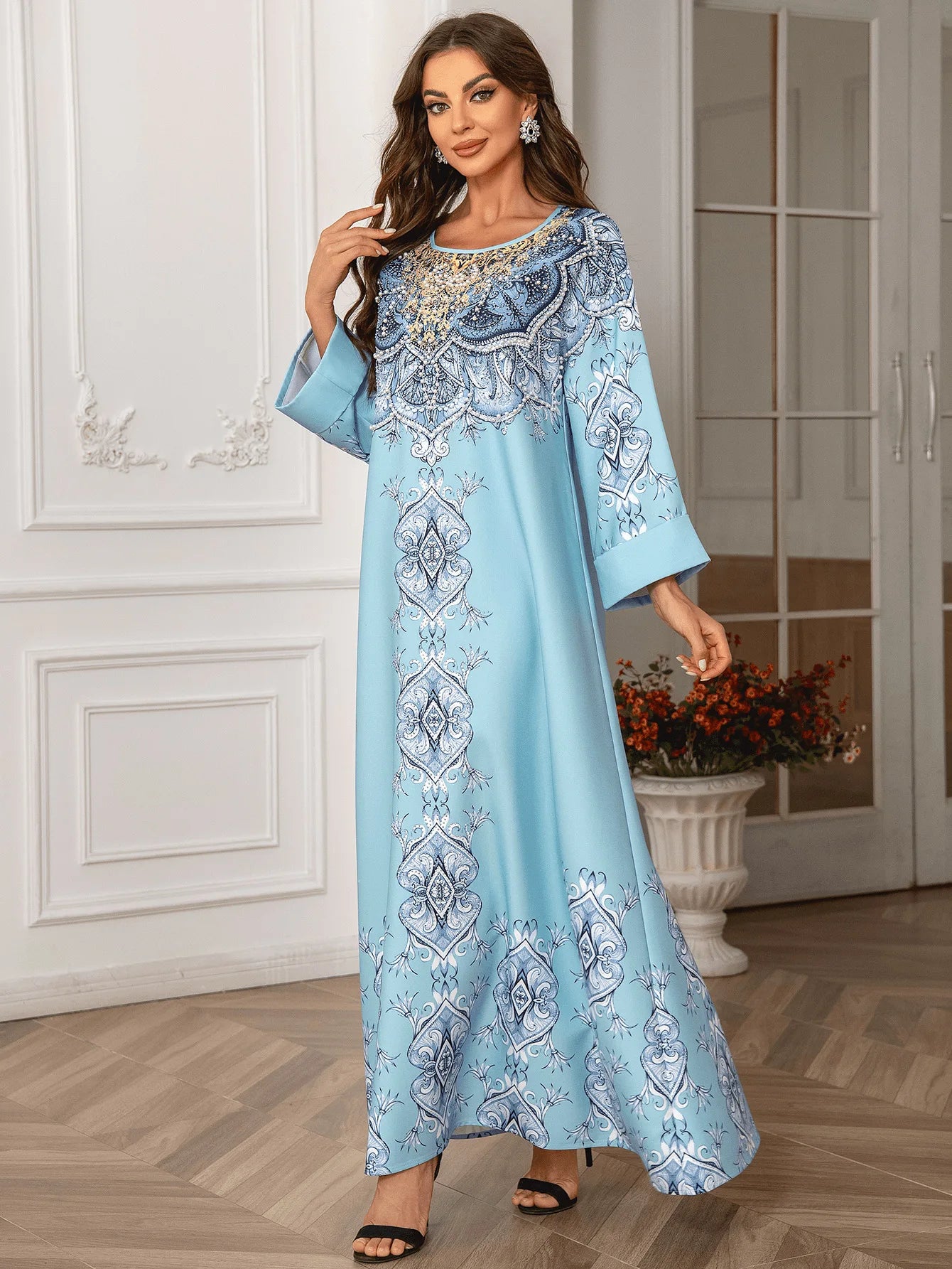 ABY028  Premium Pearl-Embellished Kaftan/ light blue