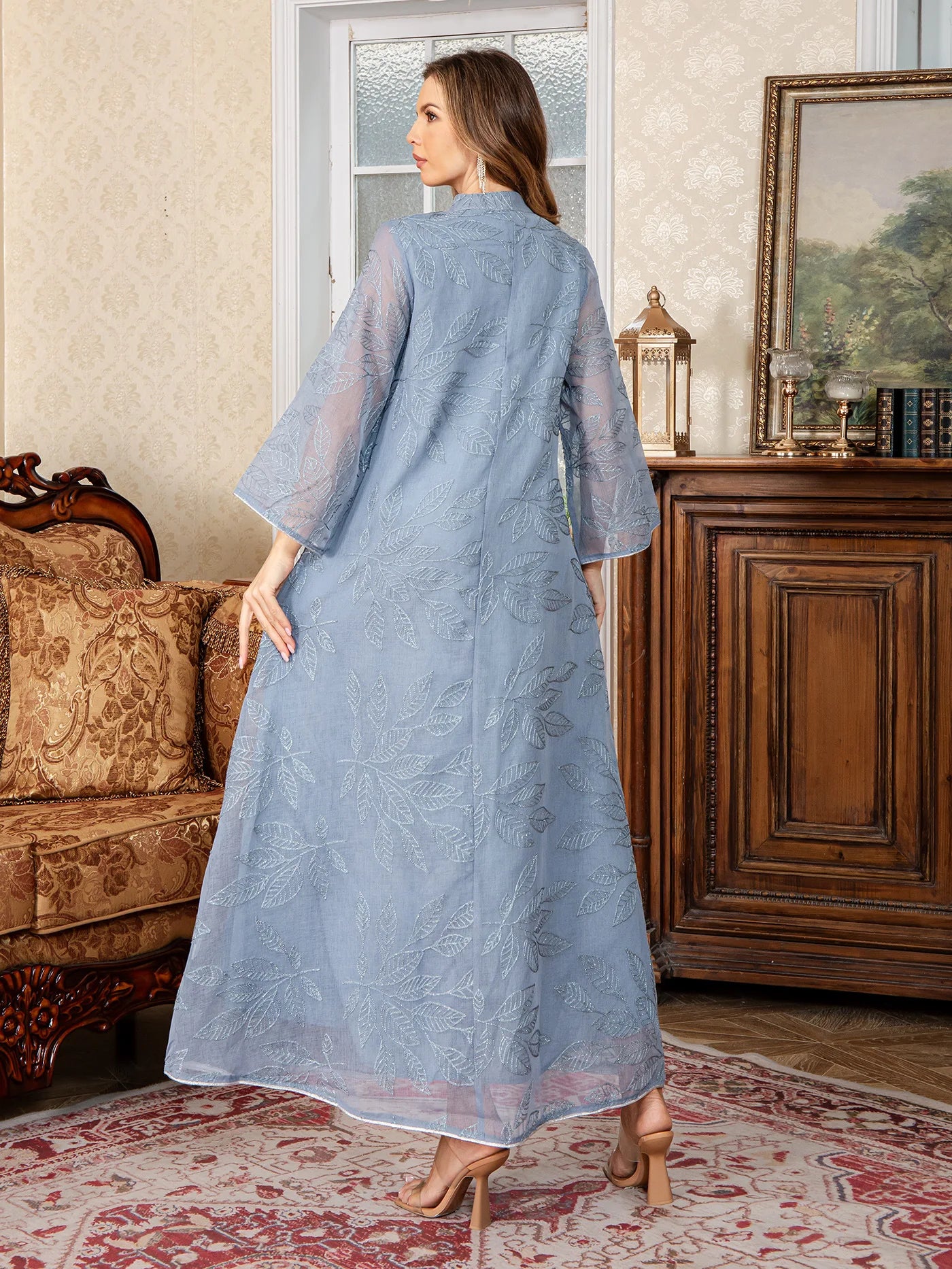 Sky Laurel Embroidered Abaya– Eid & Ramadan Modest Long Dress (LXS8)