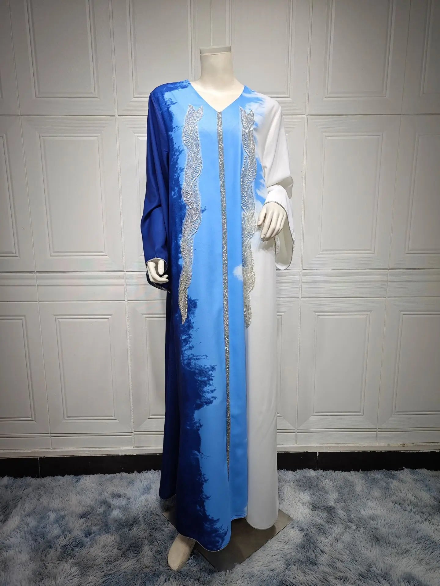 LX01 Eid abaya/ramadan abaya/ Eid dresses/ Handcrafted Artistic Beaded Satin Abaya – Three-Tone Luxury Ramadan & Eid Maxi Dress